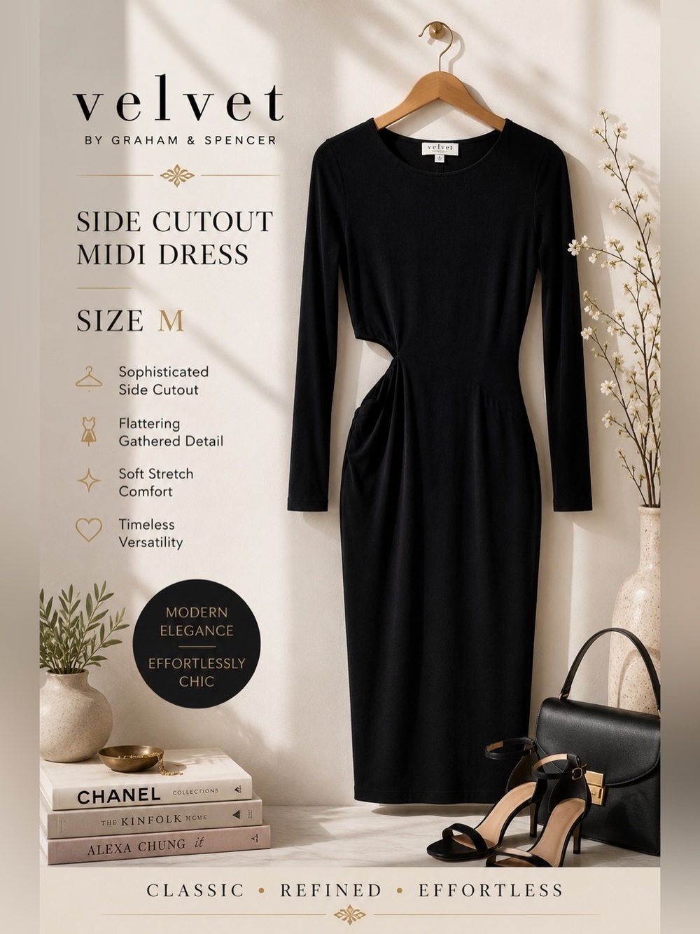 Velvet by Graham & Spencer Black Side Cutout Midi Dress Size M